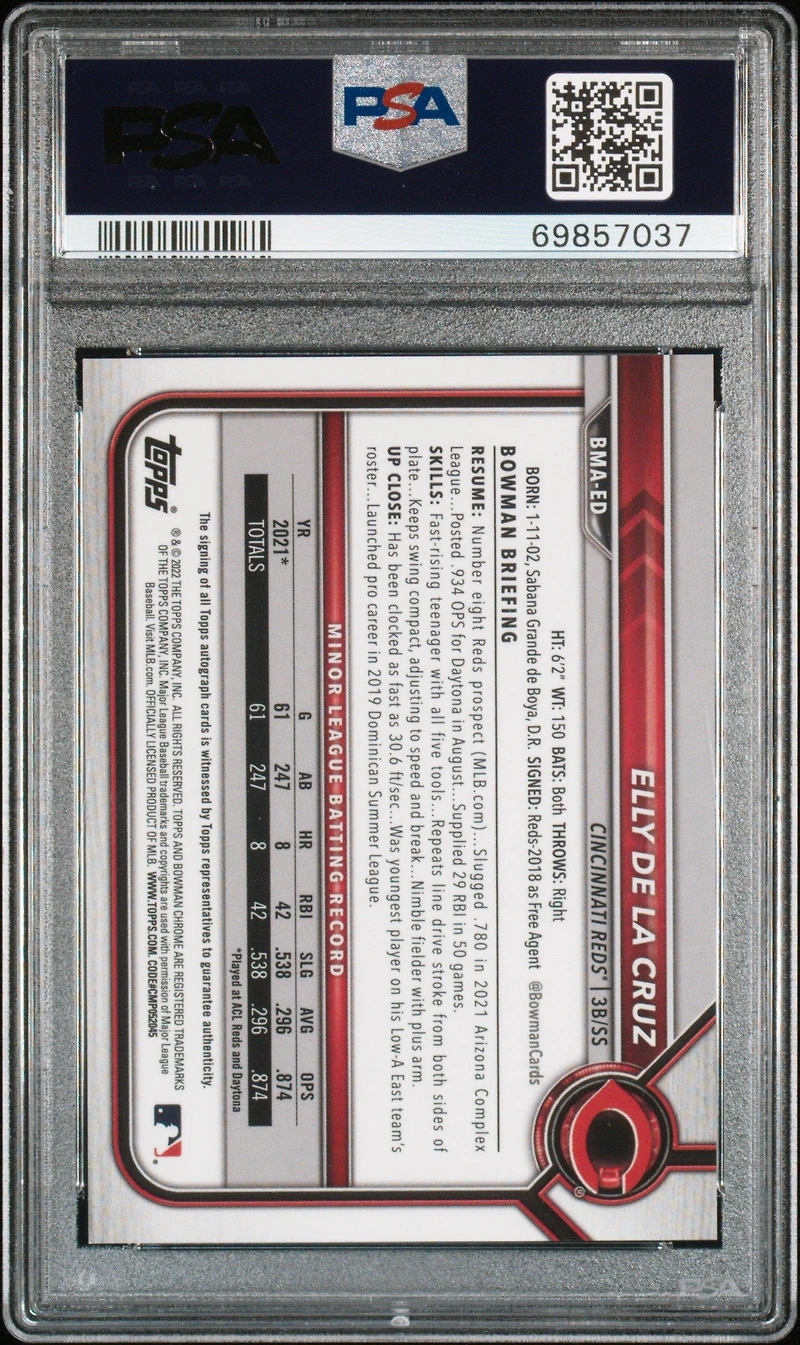 2022 Bowman Mega Box Chrome Autographs Ed Elly De La Cruz PSA 10