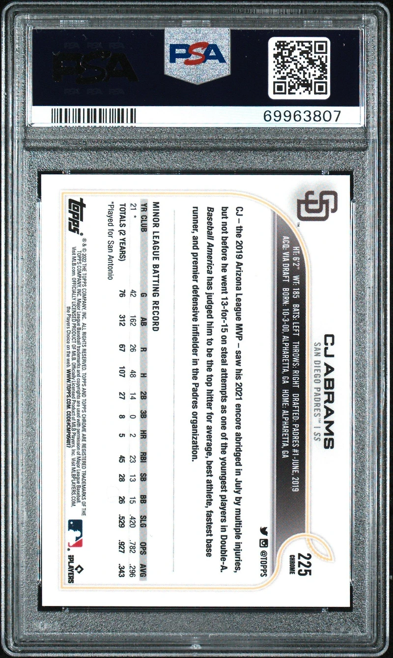 2022 Topps Chrome 225 Cj Abrams Sp PSA 9