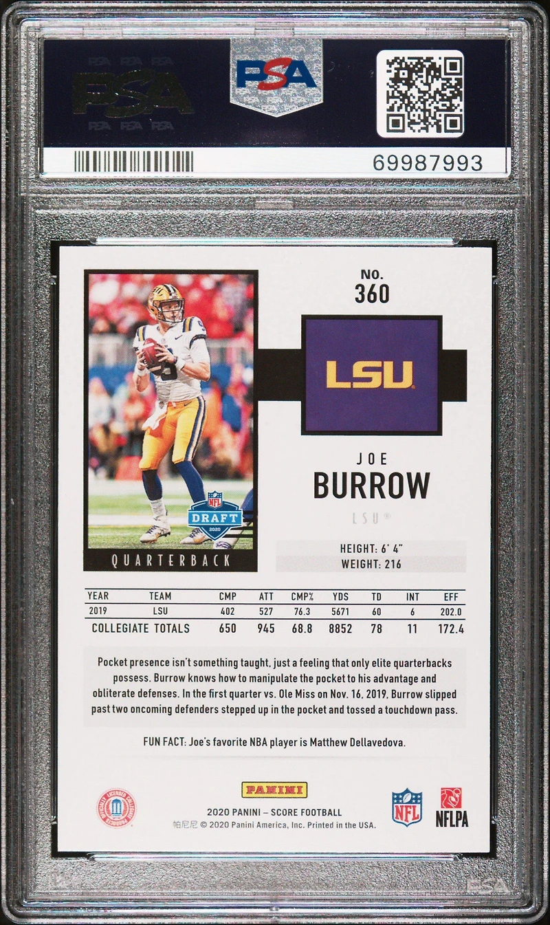 2020 Panini Score 360 Joe Burrow Gold PSA 10