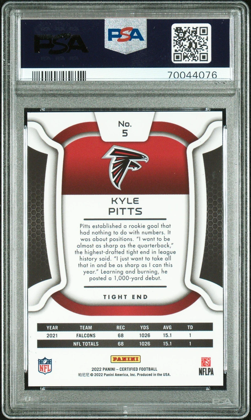 2022 Panini Certified 5 Kyle Pitts Mirror Red PSA 10