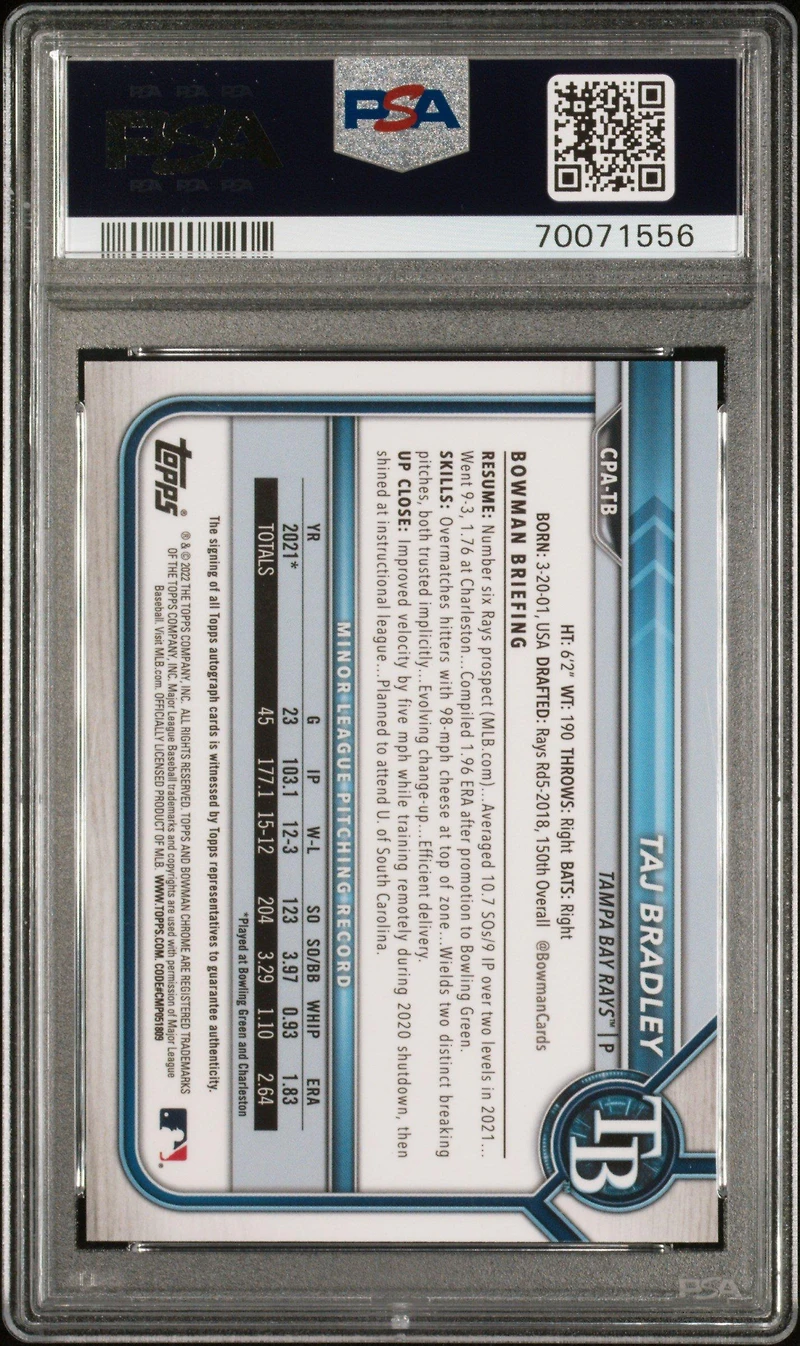 2022 Bowman Chrome Prospect Autographs Cpatb Taj Bradley PSA 10