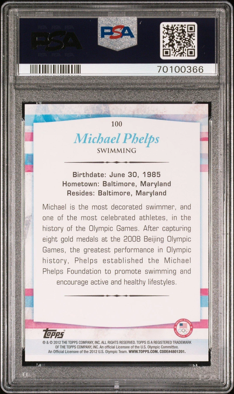 2012 Topps Usa Olympics 100 Michael Phelps PSA 10