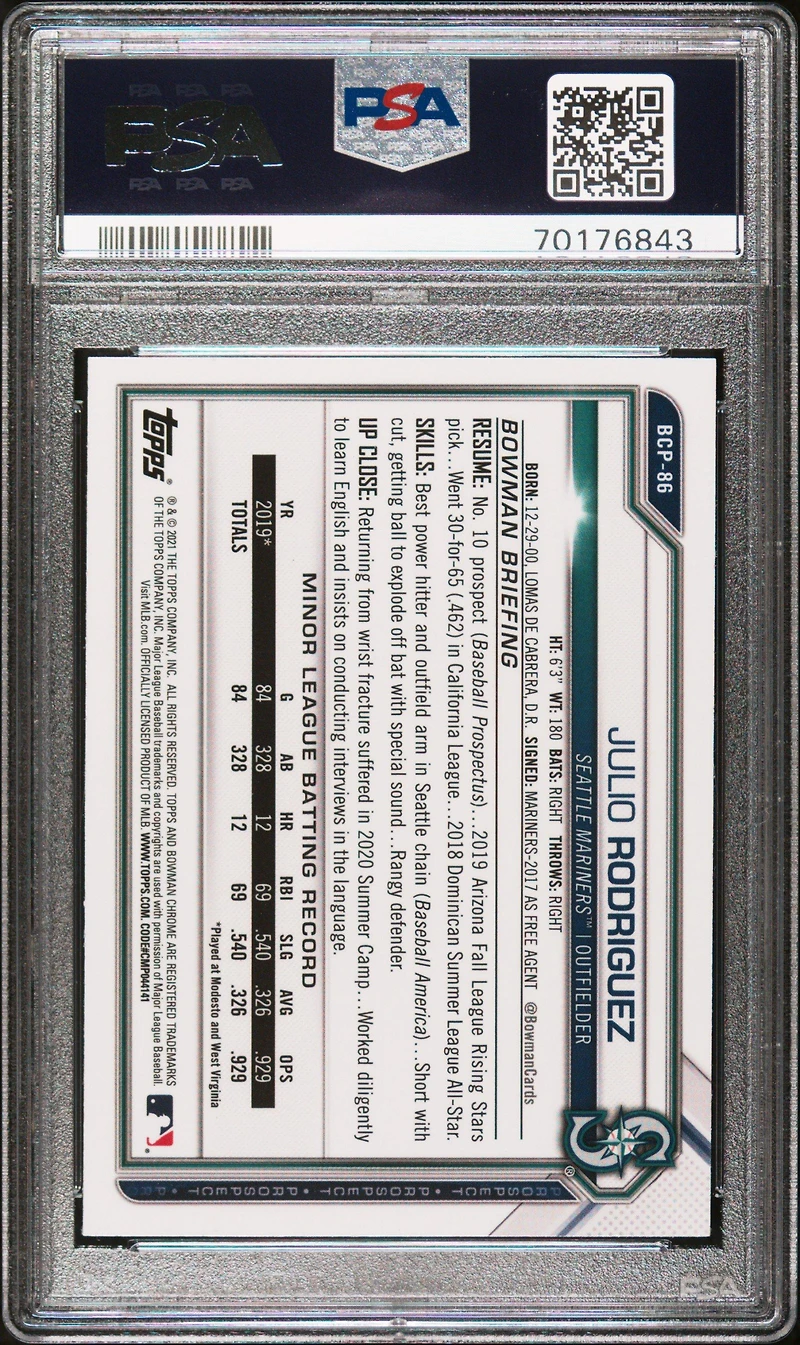 2021 Bowman Chrome Prospects Bcp86 Julio Rodriguez Atomic Refractor PSA 9