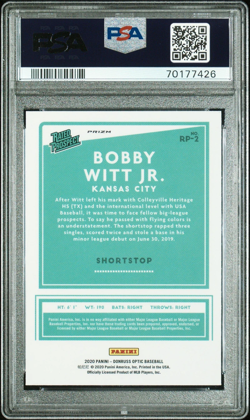 2020 Panini Donruss Optic Rated Prospects Rp2 Bobby Witt Jr. Holo PSA 10