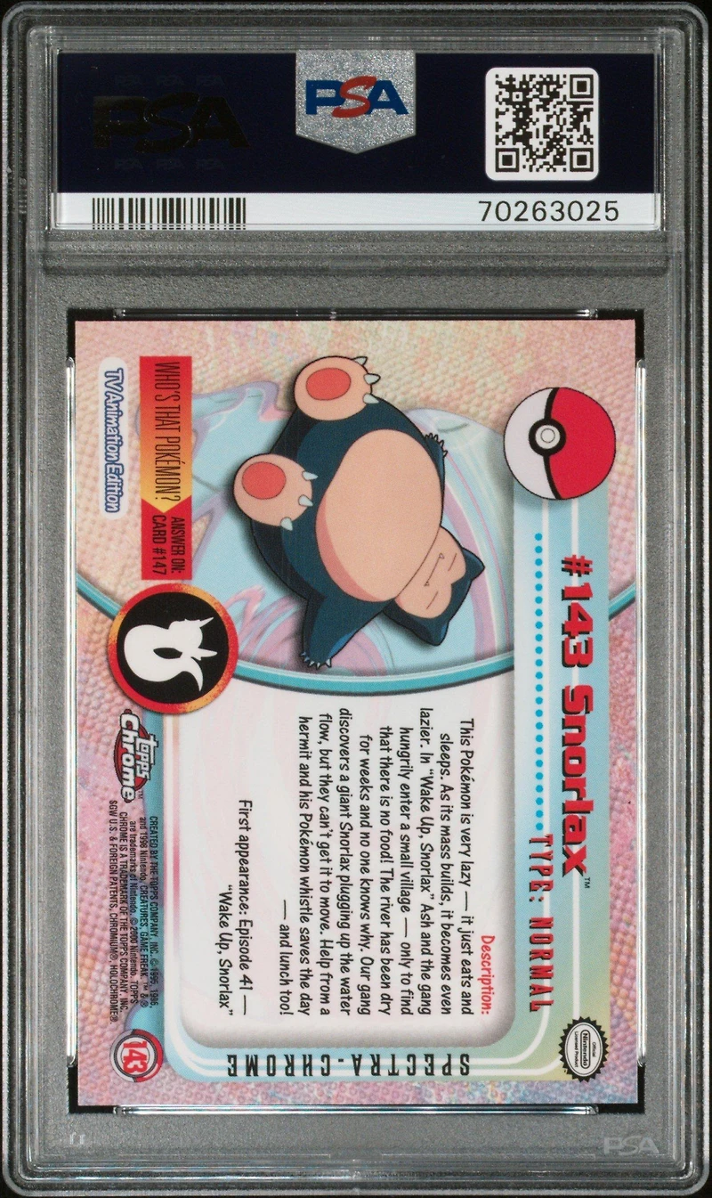 2000 Topps Chrome Pokemon T.v. 143 Snorlax Spectra PSA 9