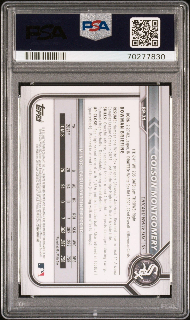 2022 Bowman Paper Prospects Bp71 Colson Montgomery PSA 10