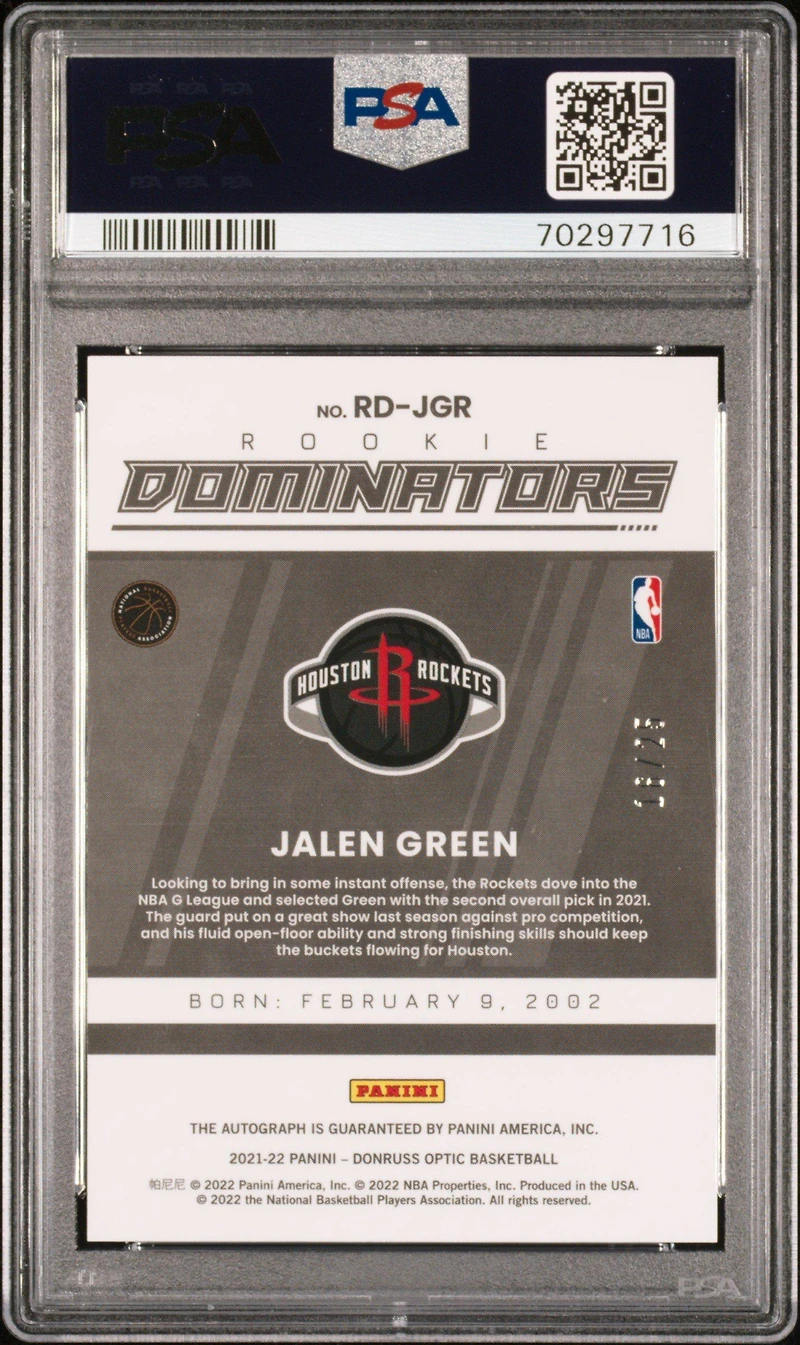 2021 Panini Donruss Optic Rookie Dominators Signatures Rdjgr Jalen Green PSA 10