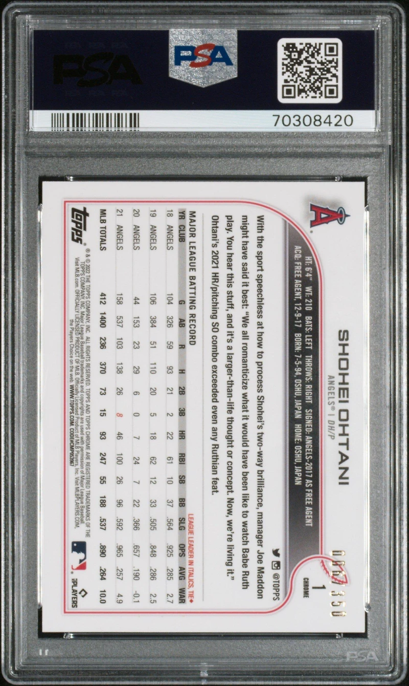 2022 Topps Chrome 1 Shohei Ohtani Magenta Speckle Refractor PSA 9