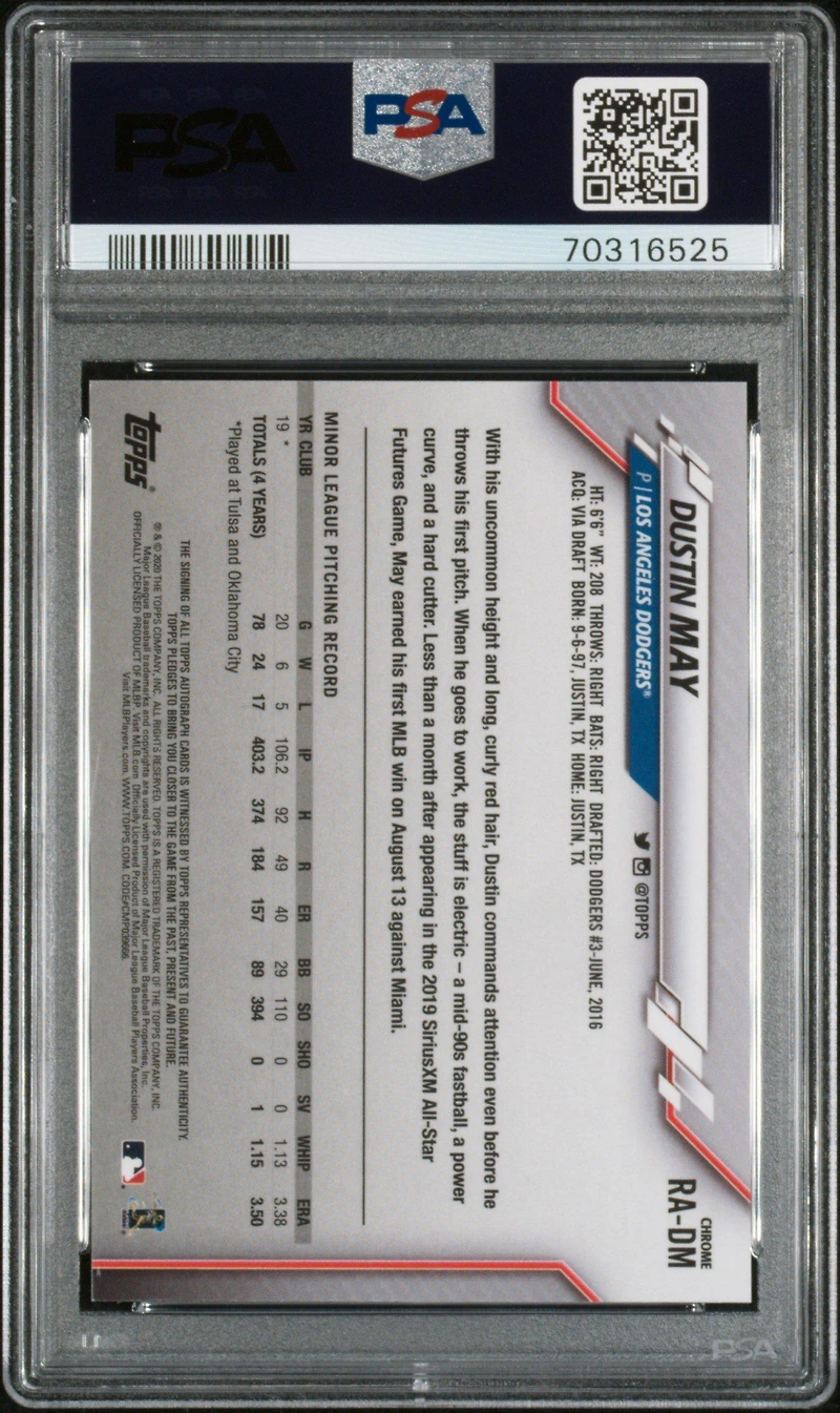 2020 Topps Chrome Rookie Autographs Radm Dustin May PSA 10
