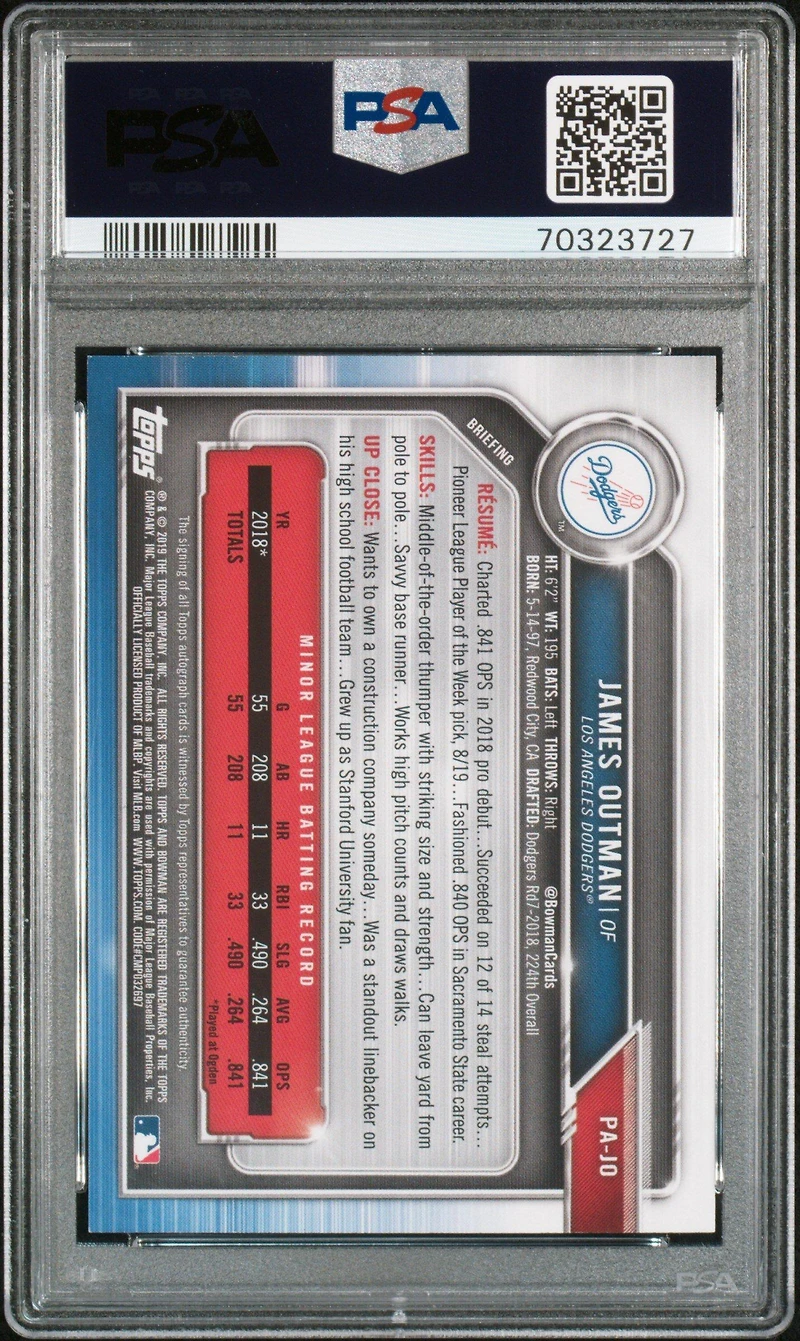 2019 Bowman Paper Prospect Autographs Pa-jo James Outman PSA 9