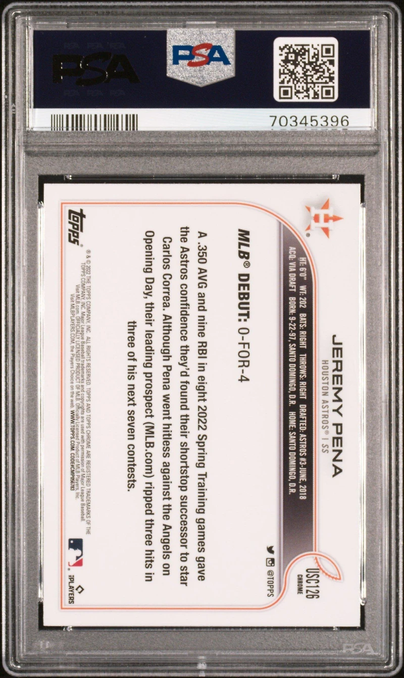 2022 Topps Chrome Update Usc126 Jeremy Pena PSA 10