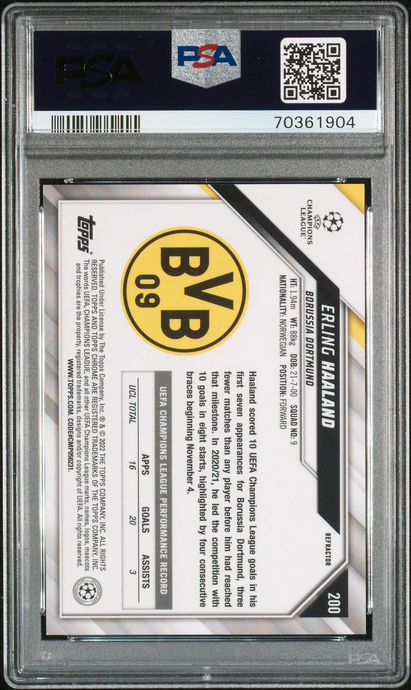 2021 Topps Chrome Uefa Champions League 200 Erling Haaland Refractor PSA 10