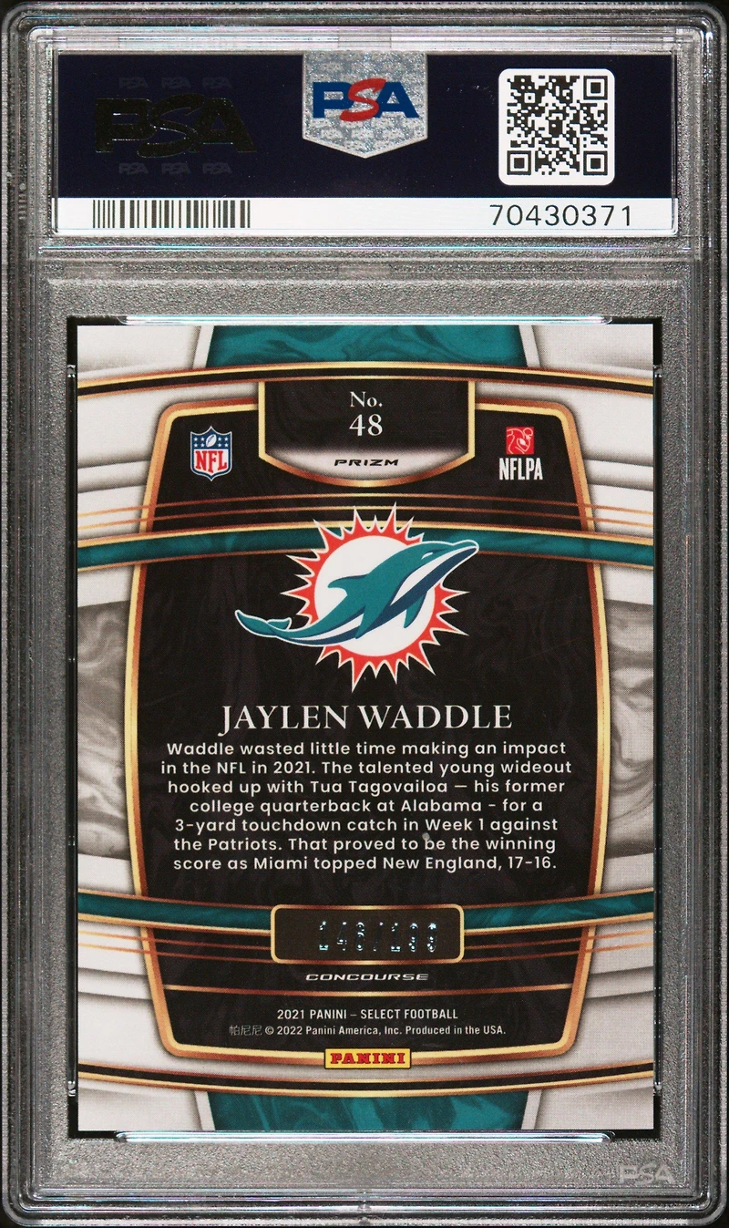 2021 Panini Select 48 Jaylen Waddle Blue Prizm PSA 9