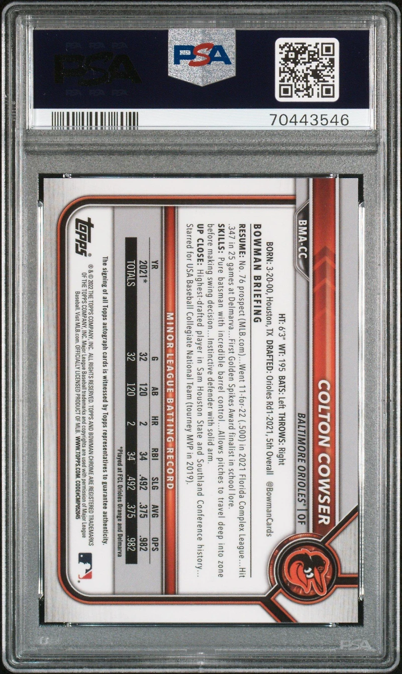 2022 Bowman Mega Box Chrome Autographs Cc Colton Cowser PSA 10