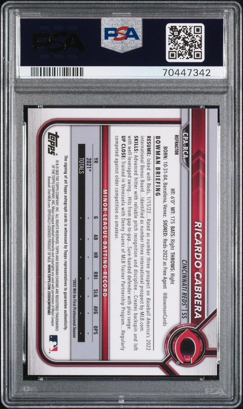 2022 Bowman Chrome Prospect Autographs Cparca Ricardo Cabrera PSA 9