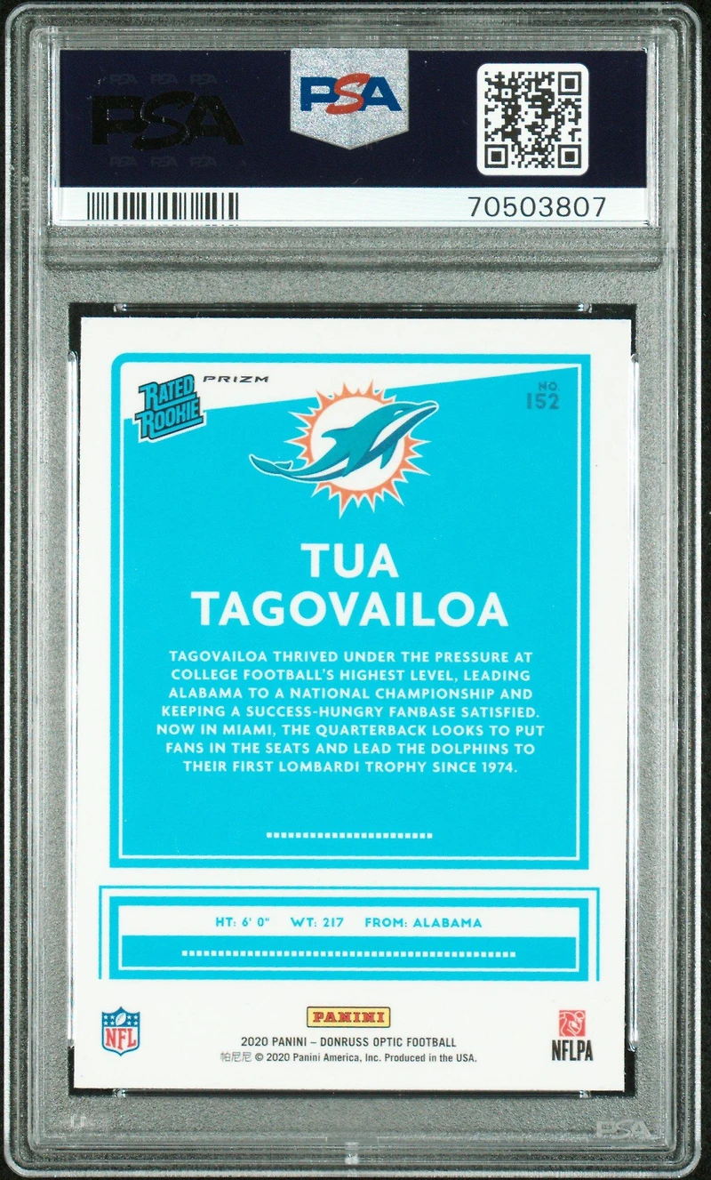 2020 Panini Donruss Optic 152 Tua Tagovailoa Purple Shock PSA 9