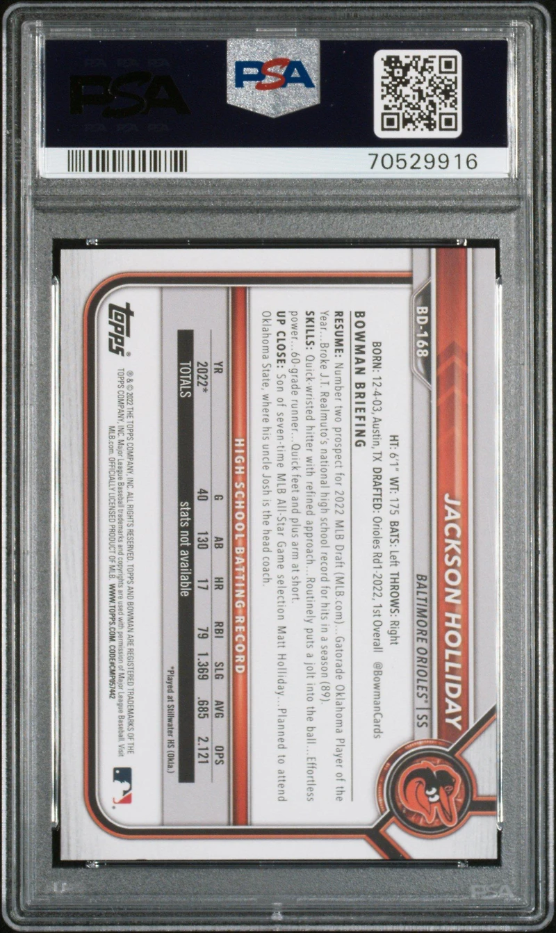 2022 Bowman Draft 1st Edition 168 Jackson Holliday PSA 10