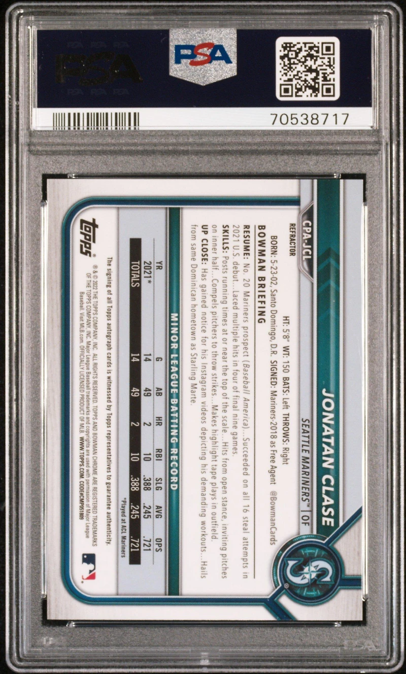 2022 Bowman Chrome Prospect Autographs Cpajcl Jonatan Clase Refractor PSA 10
