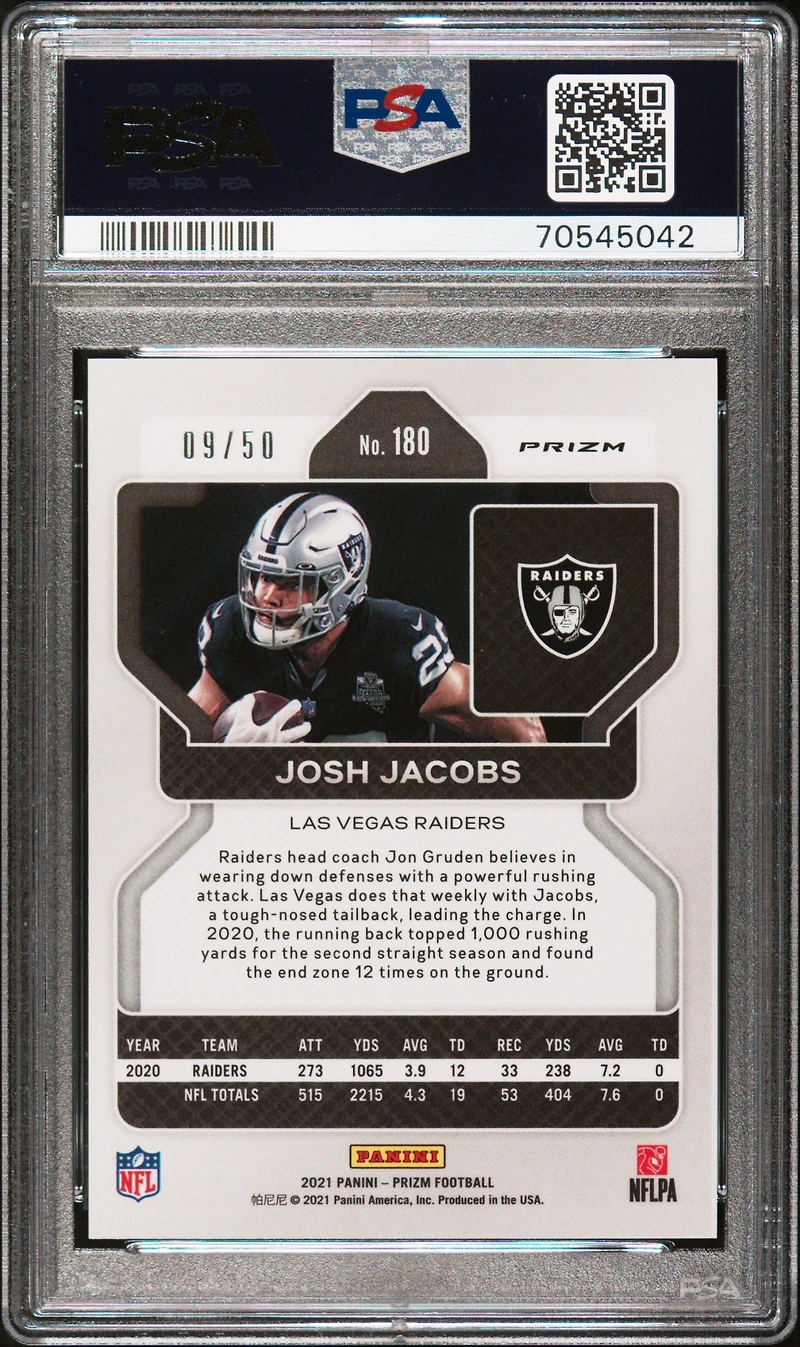 2021 Panini Prizm 180 Josh Jacobs No Huddle Red PSA 10