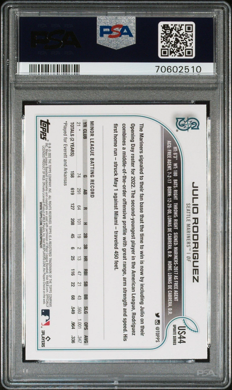 2022 Topps Update Us44 Julio Rodriguez PSA 10