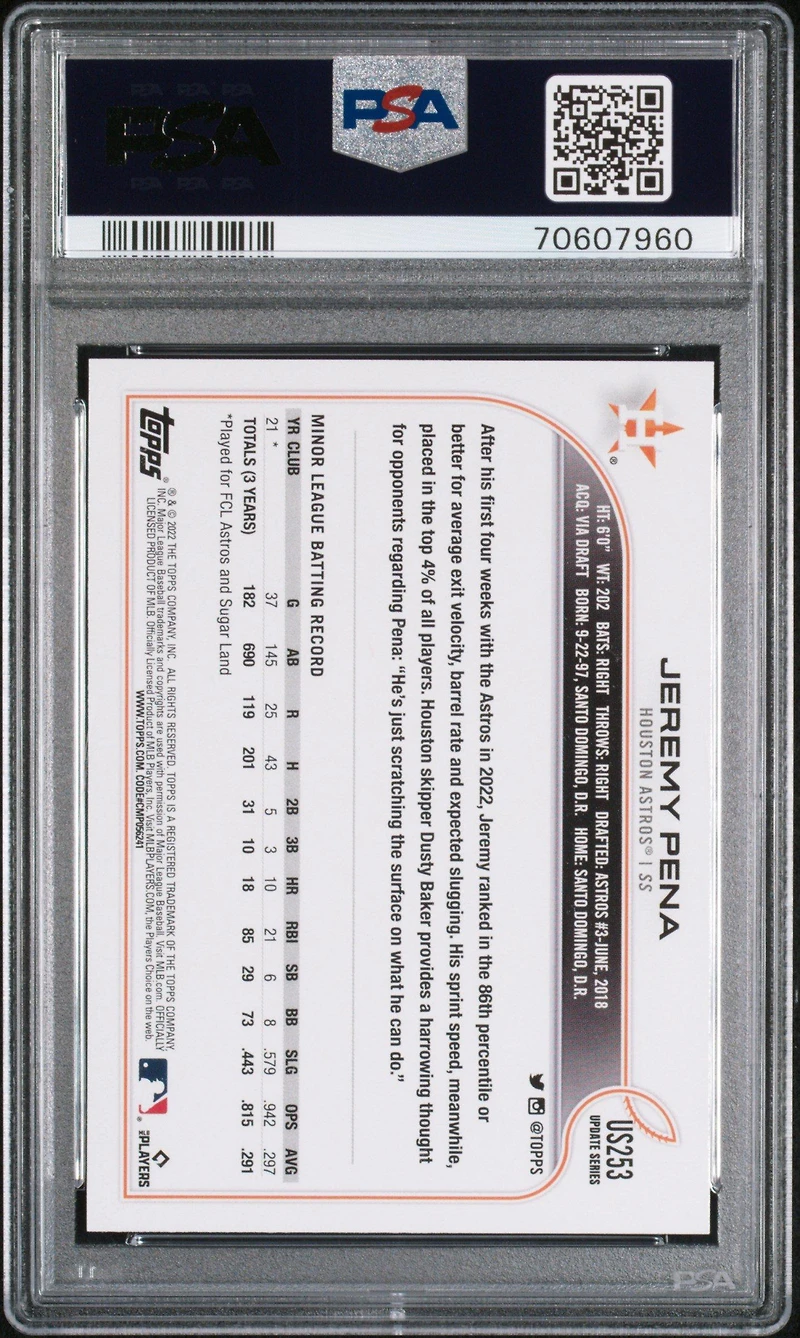 2022 Topps Update Us253 Jeremy Pena PSA 10