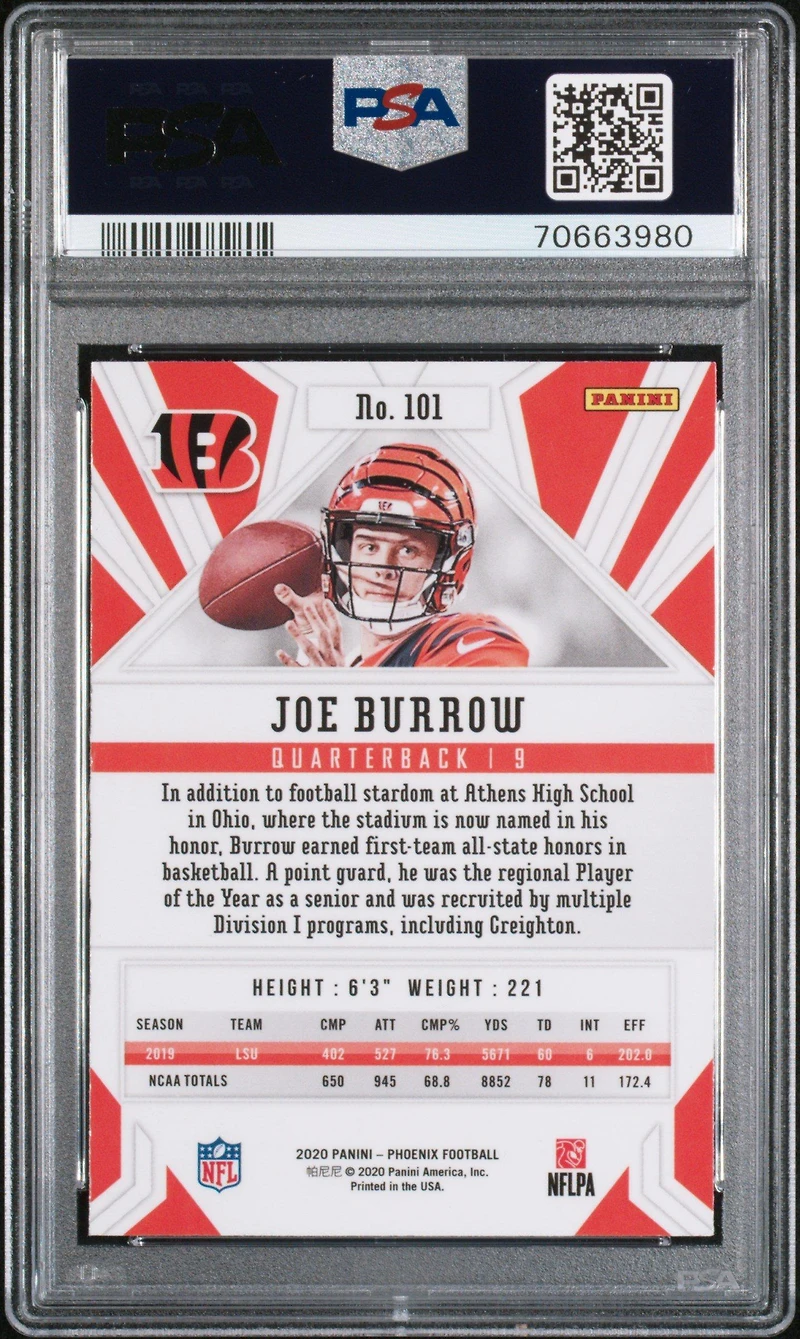 2020 Panini Phoenix 101 Joe Burrow Fire Burst PSA