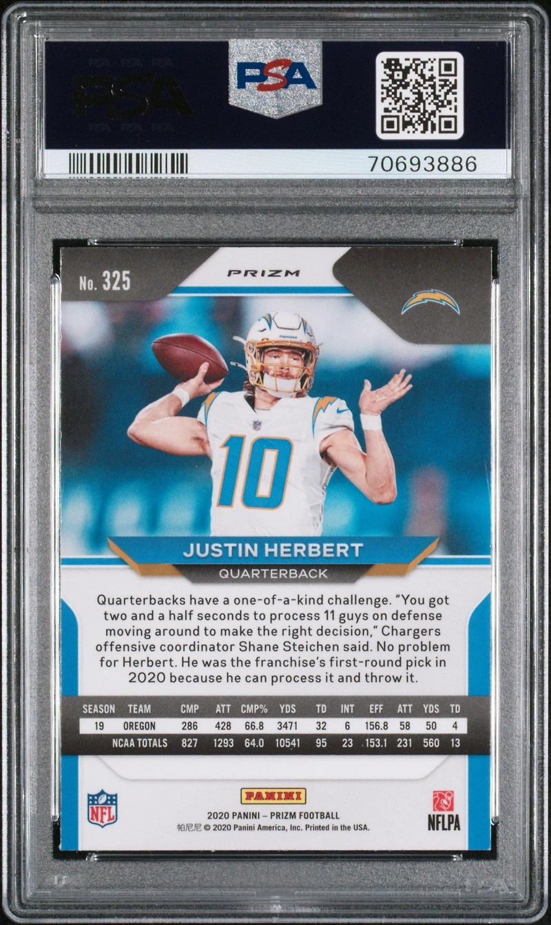 2020 Panini Prizm 325 Justin Herbert Pink Prizm PSA 9