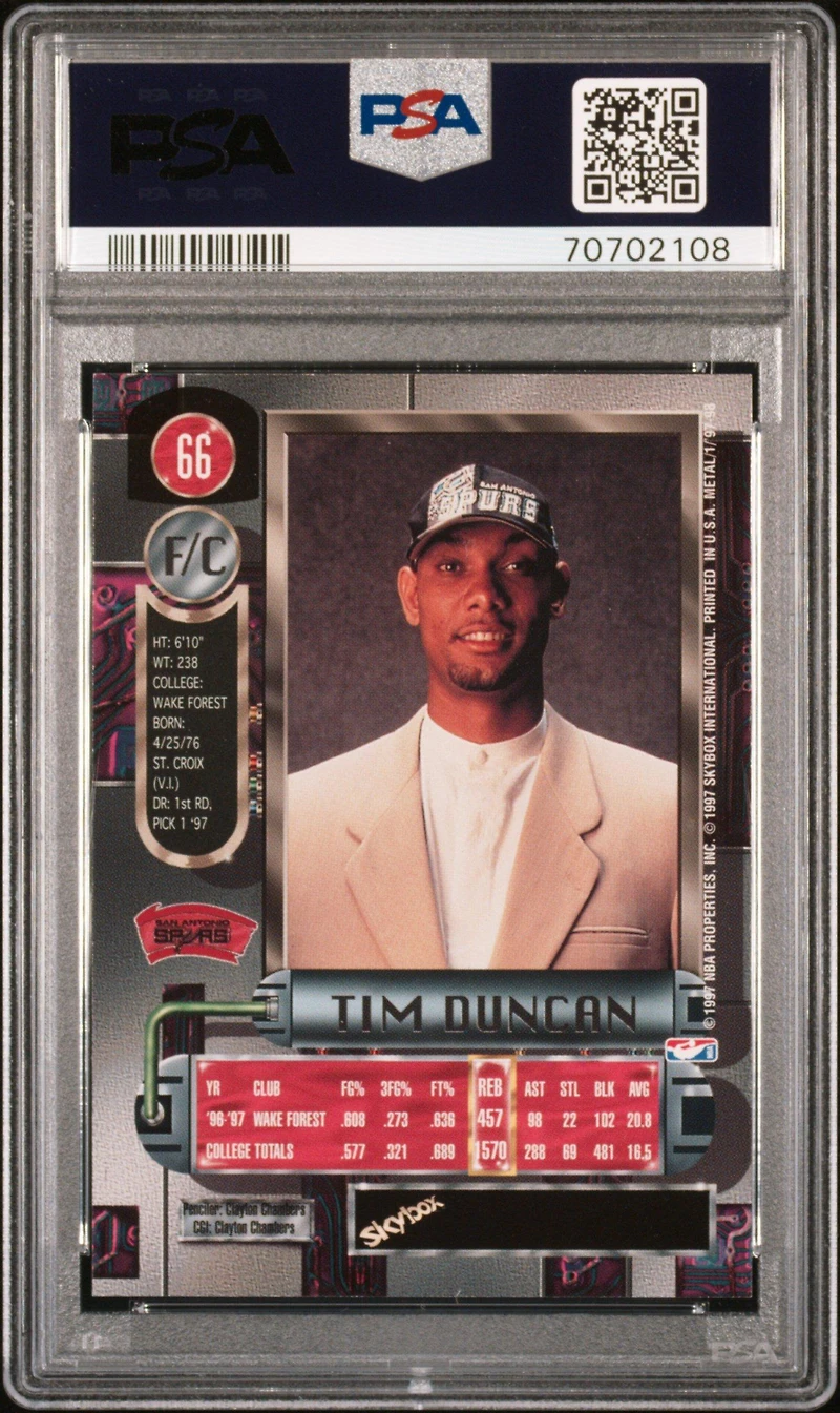 1997 Metal Universe 66 Tim Duncan PSA 9
