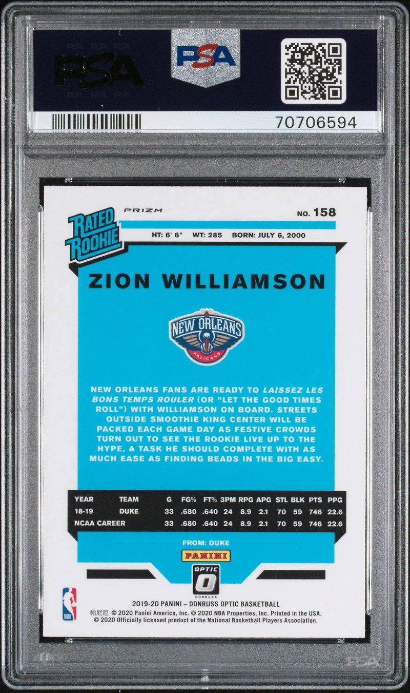 2019 Panini Donruss Optic 158 Zion Williamson Fast Break Holo PSA 10