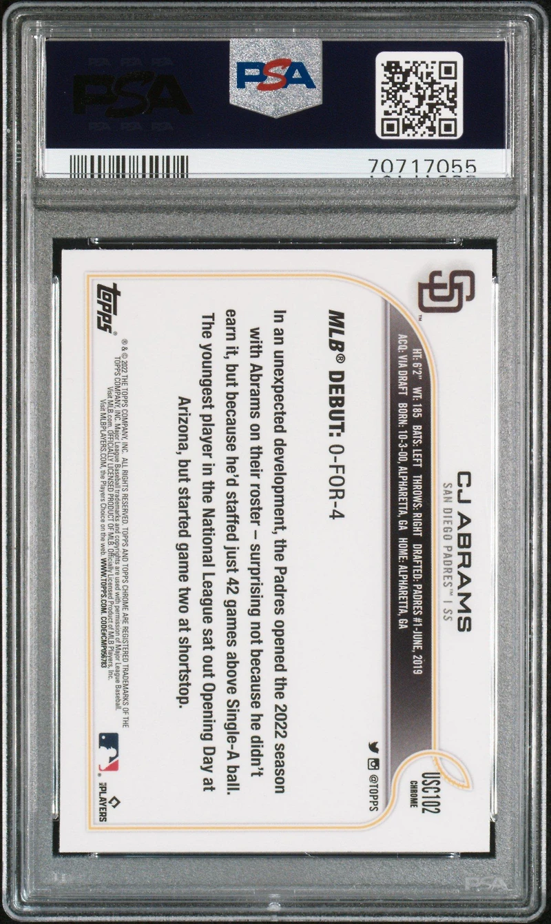 2022 Topps Chrome Update Usc102 Cj Abrams Purple Refractor PSA 10