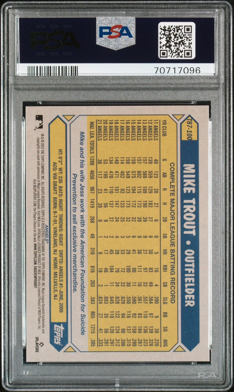 2022 Topps 1987 Topps Baseball 35th Anniversary T87-100 Mike Trout PSA 10