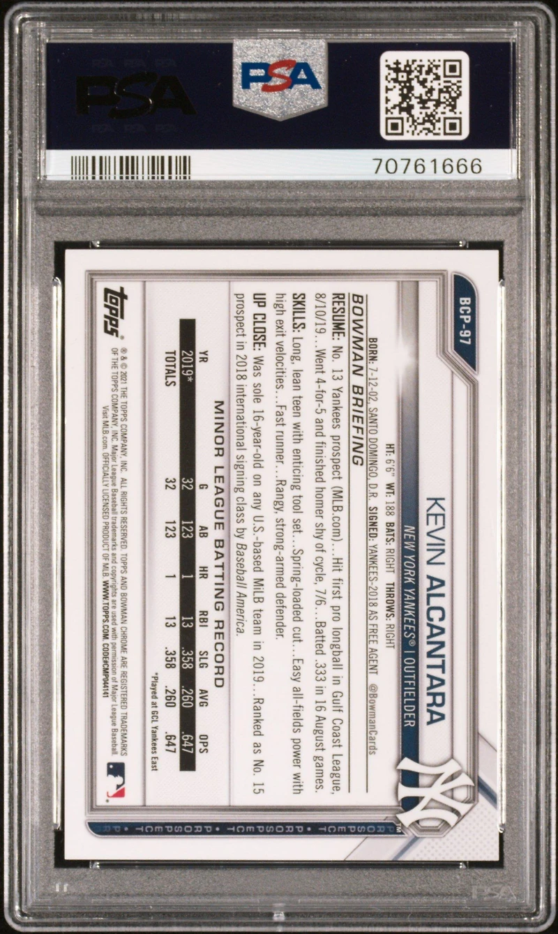 2021 Bowman Chrome Prospects Bcp97 Kevin Alcantara Aqua Shimmer Refractor PSA 10