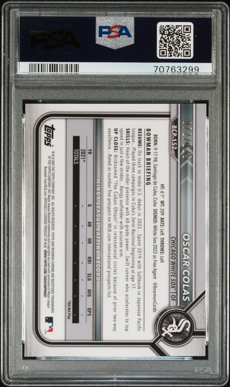 2022 Bowman Chrome Prospects Bcp152 Oscar Colas Aqua Refractor PSA 9
