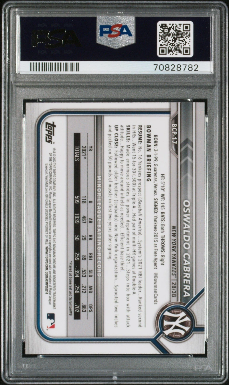 2022 Bowman Mega Box Chrome 17 Oswaldo Cabrera PSA 9