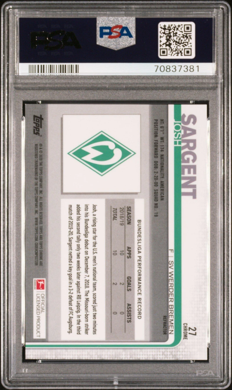2019 Topps Chrome Bundesliga 27 Josh Sargent Refractor PSA 10