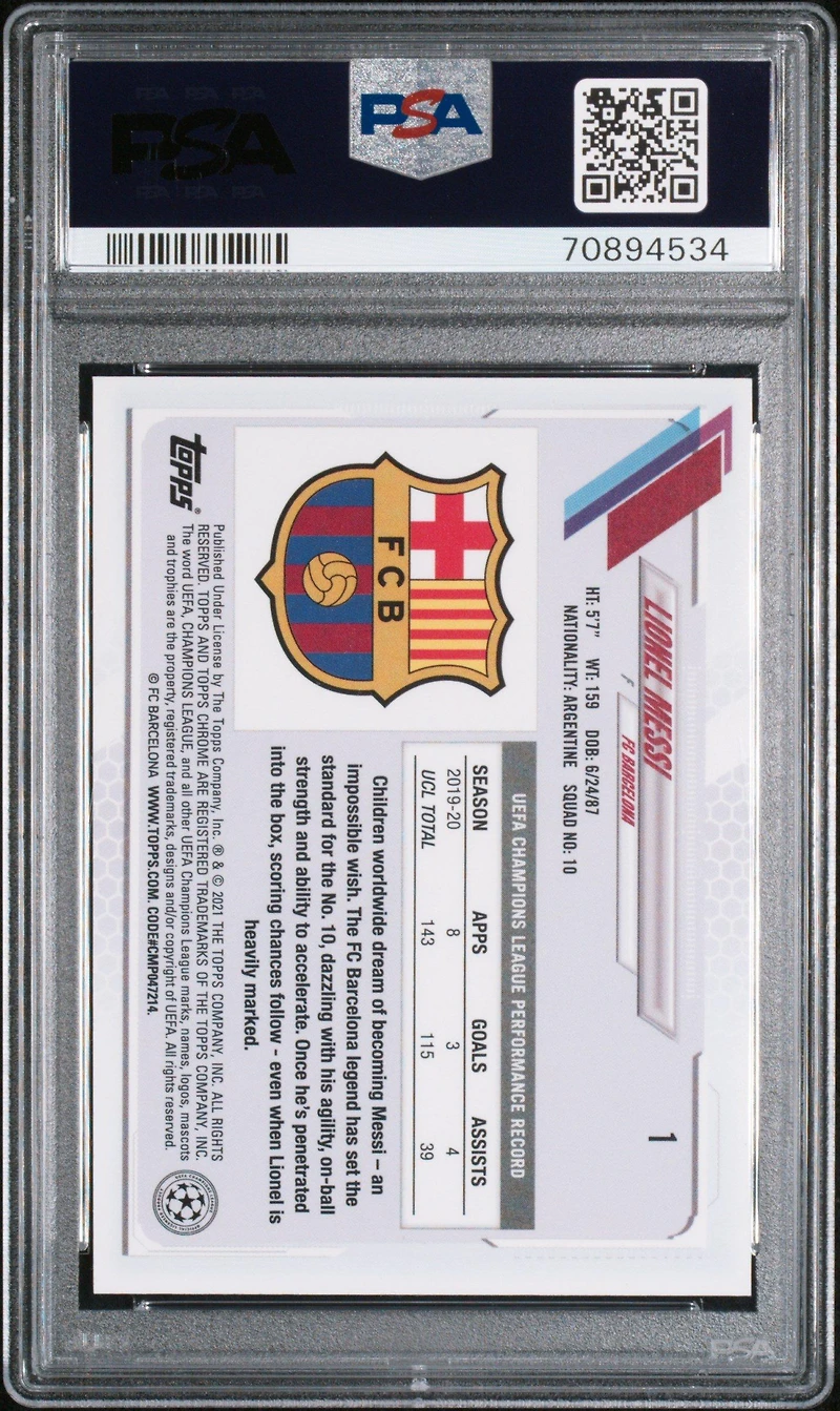 Topps Chrome Uefa Champions League Sapphire Edition Lionel Messi PSA 10