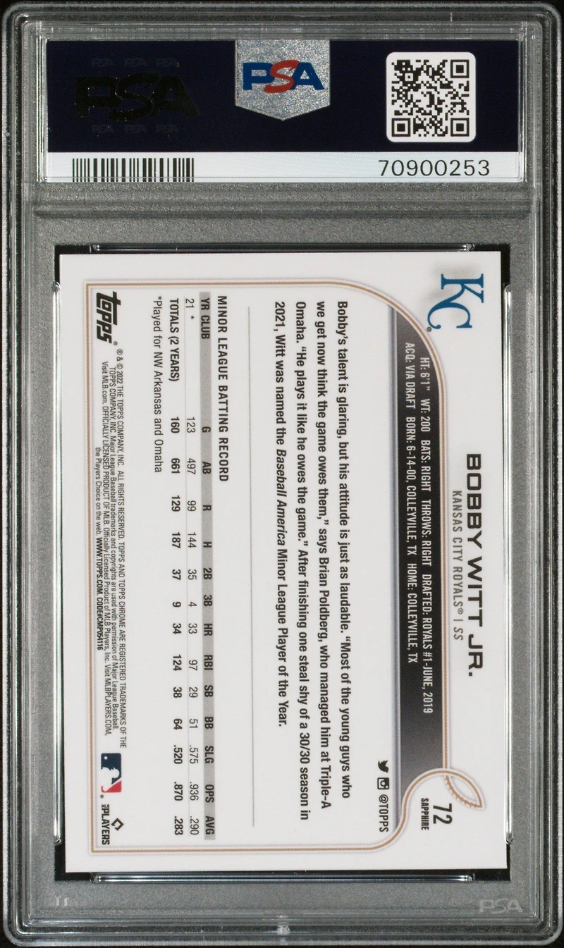 2022 Topps Chrome Sapphire Edition 72 Bobby Witt Jr. PSA 9