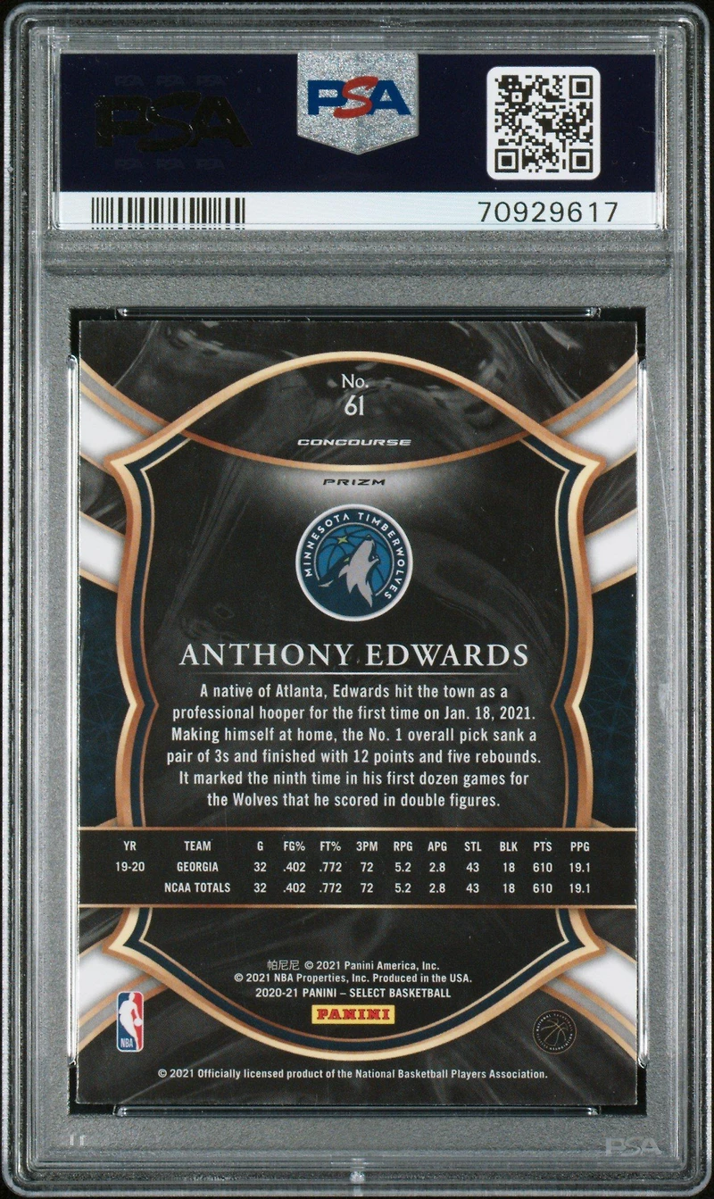 2020 Panini Select 61 Anthony Edwards Blue Prizm PSA