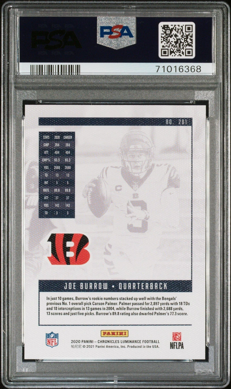 2020 Panini Chronicles Luminance 201 Joe Burrow Red PSA 10