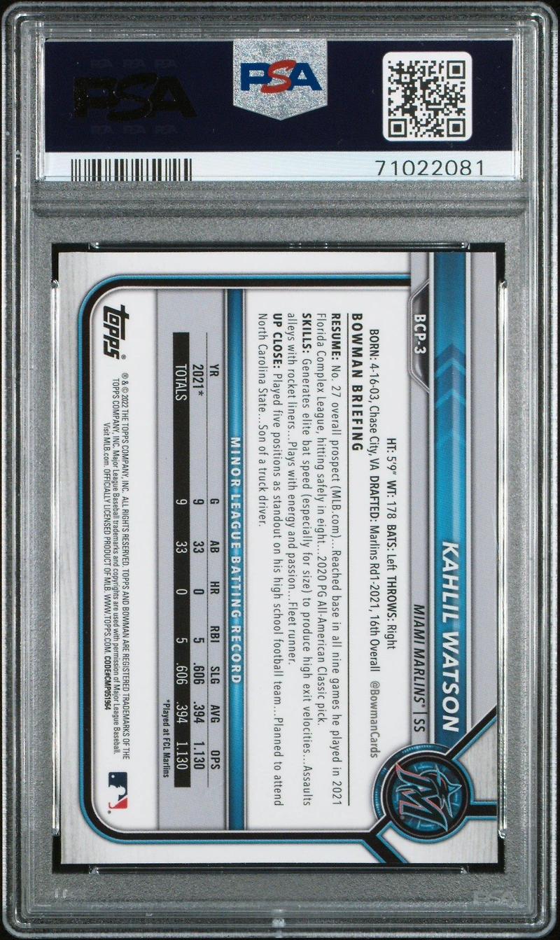 2022 Bowman Sapphire Edition Chrome Prospects Bcp3 Kahlil Watson PSA 10
