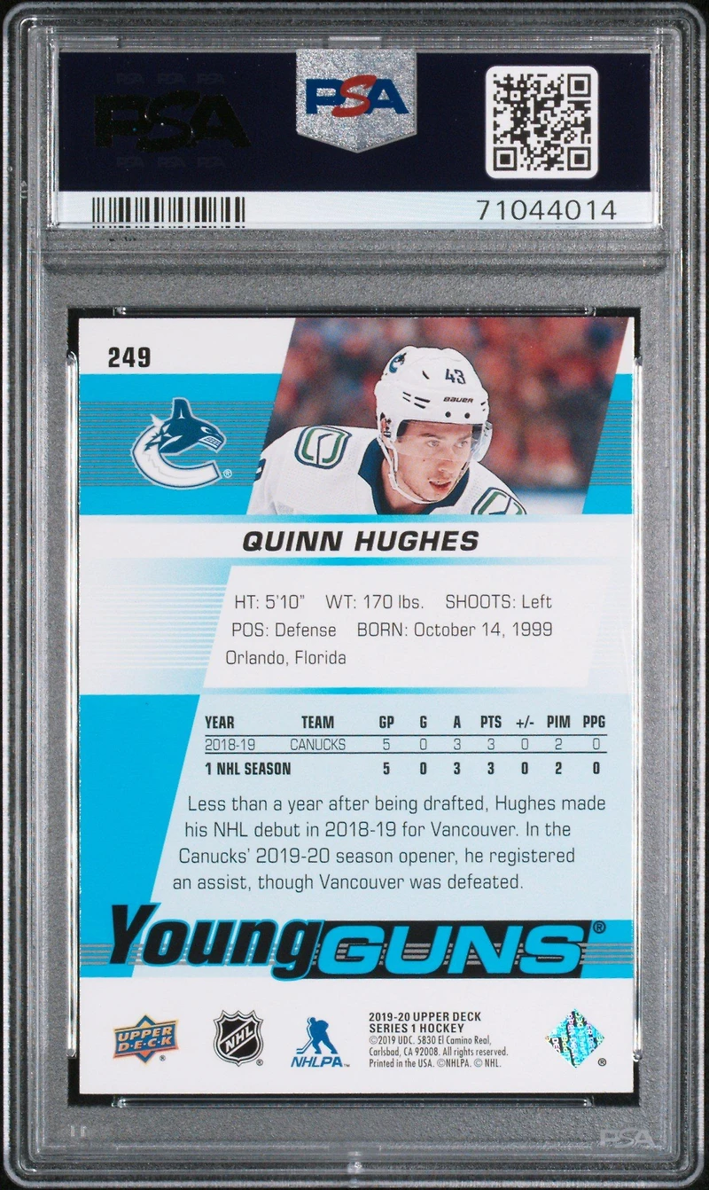 2019 Upper Deck 249 Quinn Hughes PSA