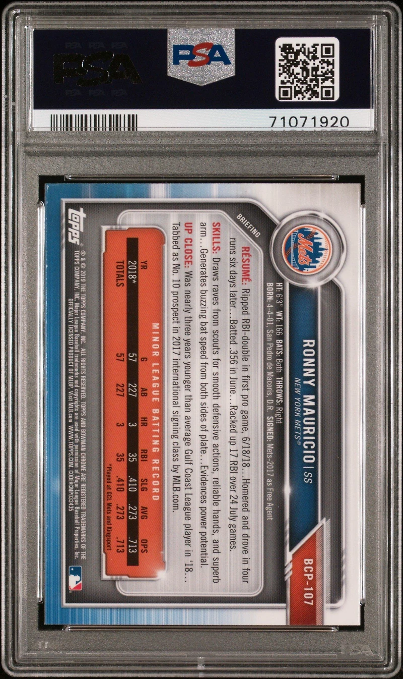 2019 Bowman Mega Box Chrome 107 Ronny Mauricio No Helmet PSA 9