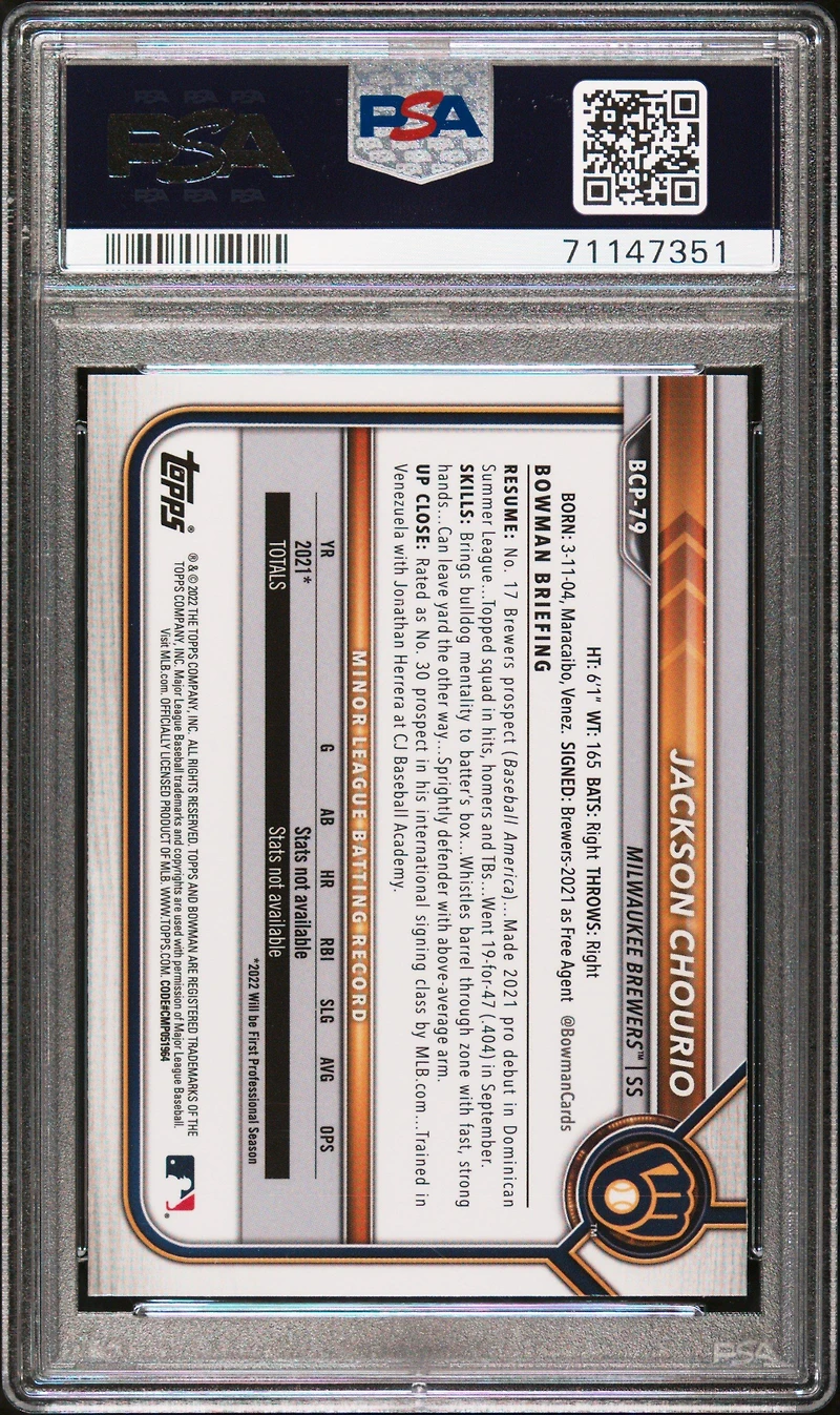 2022 Bowman Sapphire Edition Chrome Prospects Bcp79 Jackson Chourio PSA 9