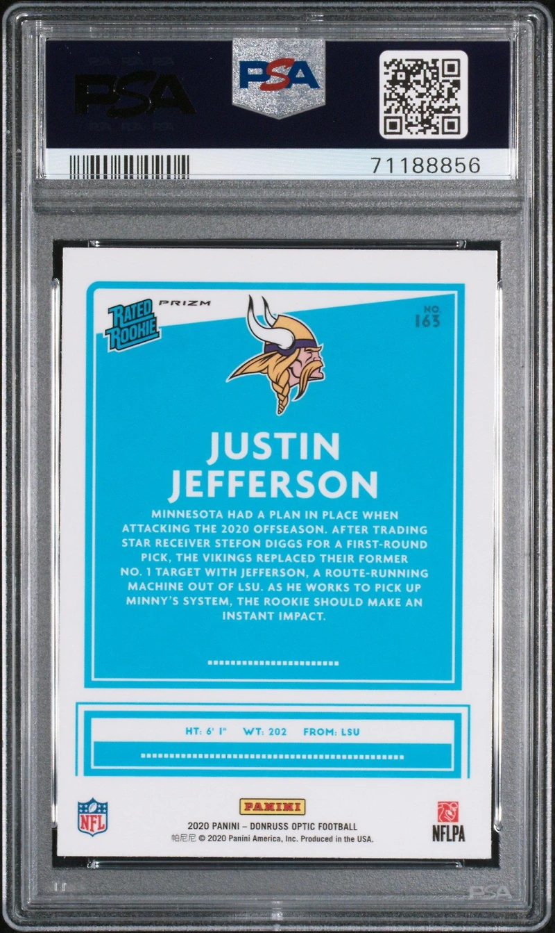 2020 Panini Donruss Optic 163 Justin Jefferson Purple Shock PSA