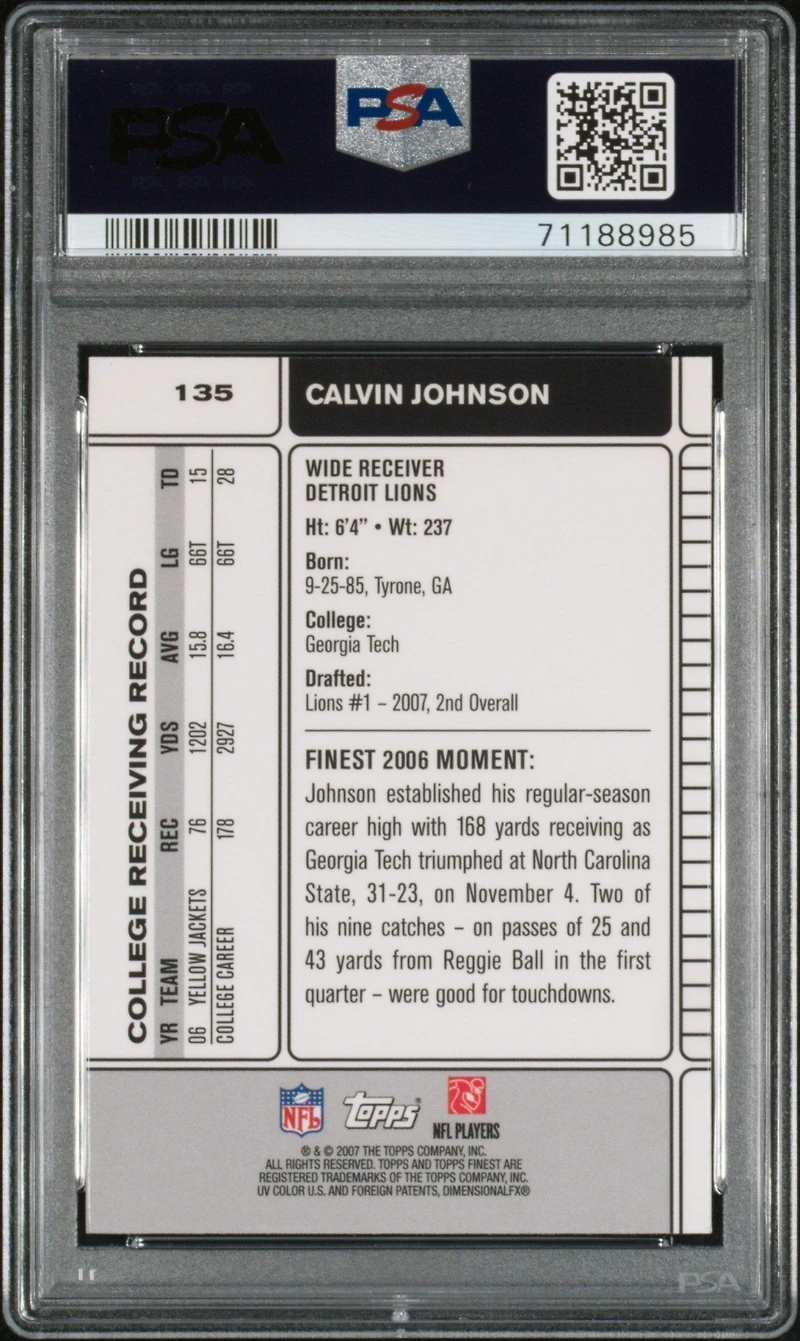 2007 Finest 135 Calvin Johnson PSA 10