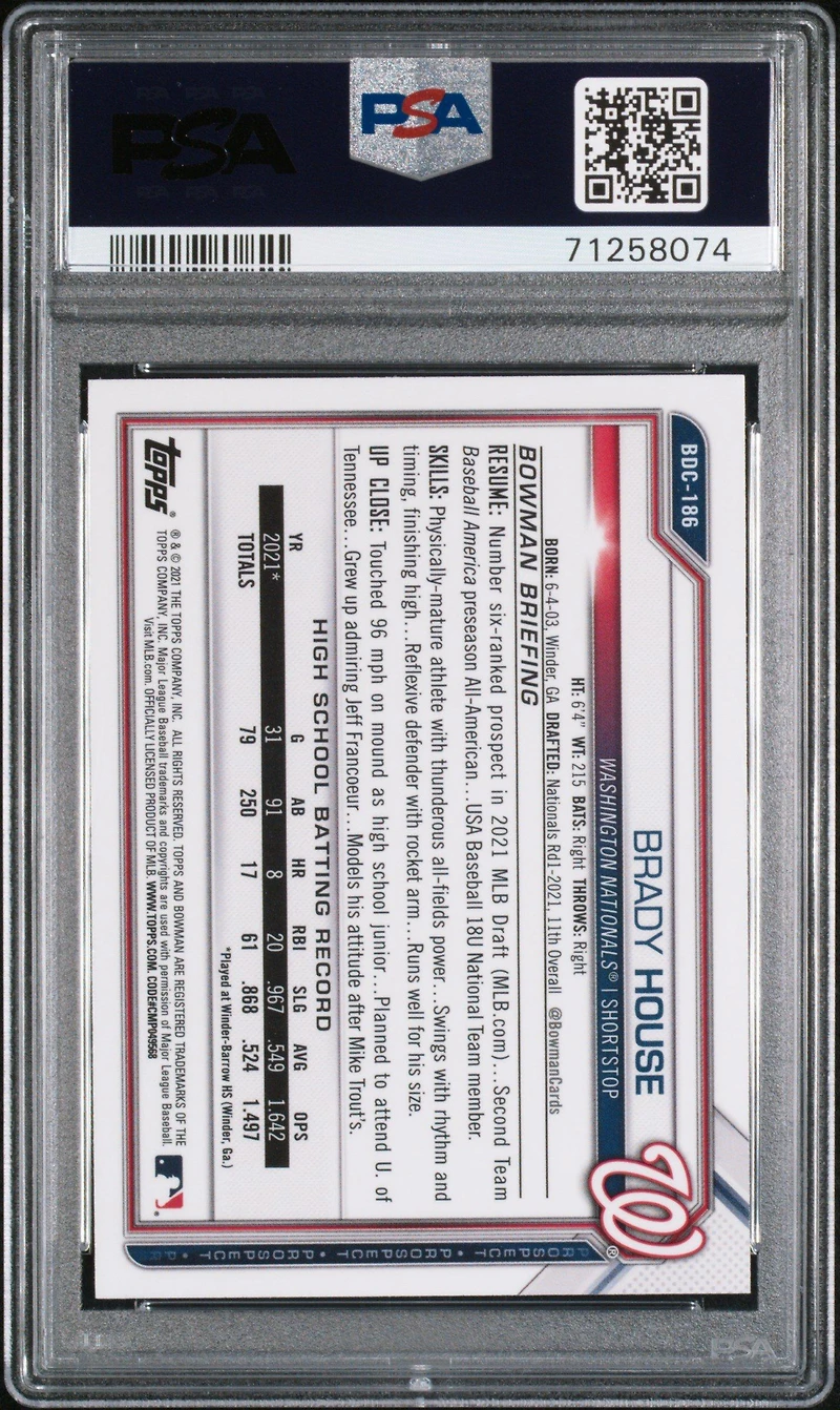 2021 Bowman Draft Bdc186 Brady House Chrome-sky Blue Refractor PSA 9