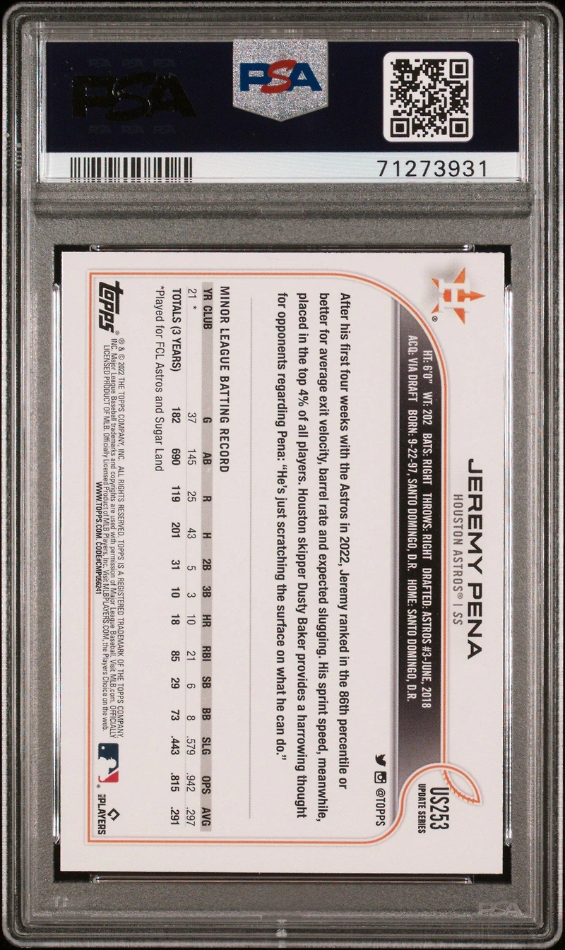 2022 Topps Update Us253 Jeremy Pena PSA 10