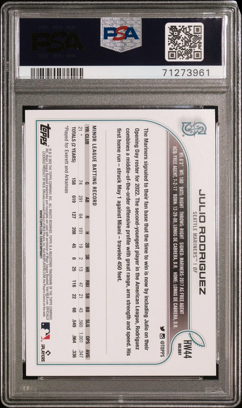 2022 Topps Holiday Hw44 Julio Rodriguez PSA 10