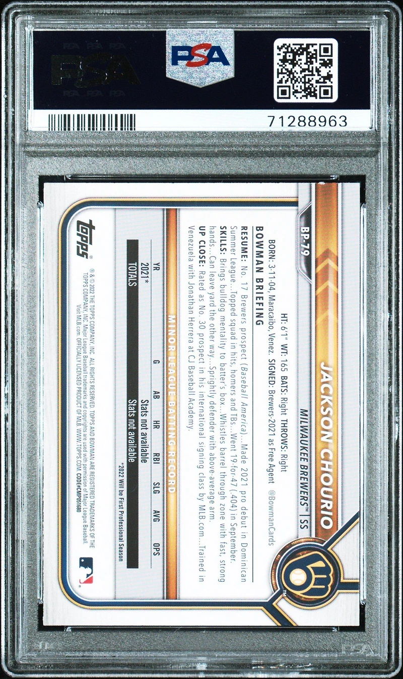 2022 Bowman Paper Prospects Bp79 Jackson Chourio PSA 10