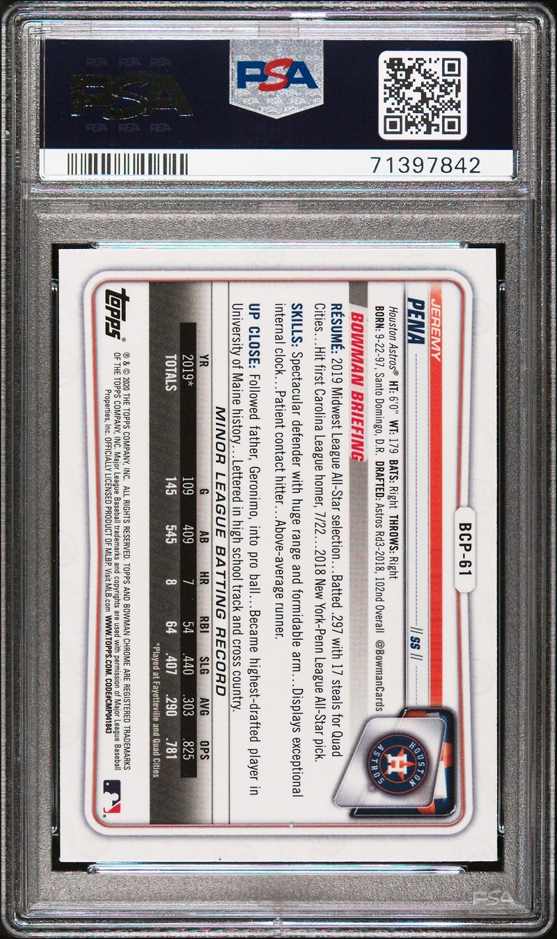 2020 Bowman Chrome Sapphire Edition Bcp61 Jeremy Pena PSA 10